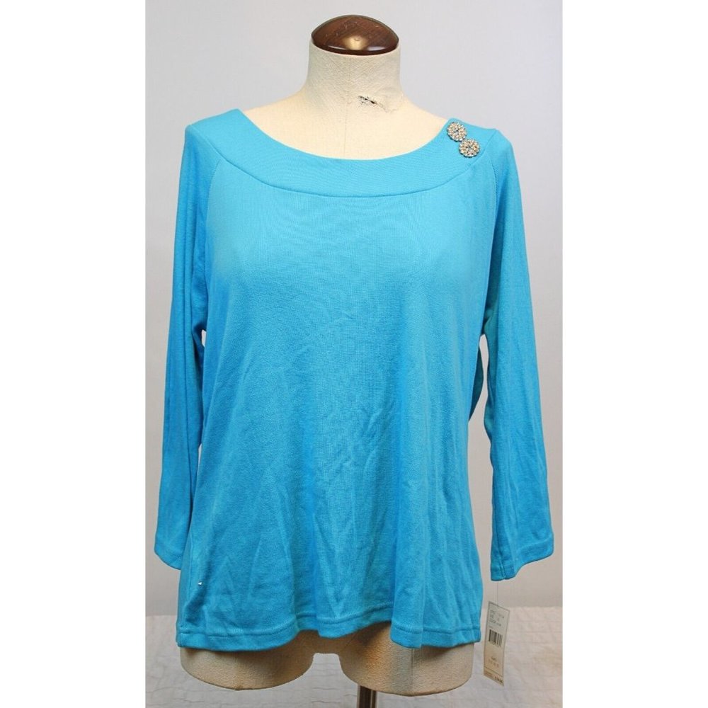 Jason Maxwell Women's Blue 3/4 Sleeve T-Shirt size XL NWT Gem Circles Brooch